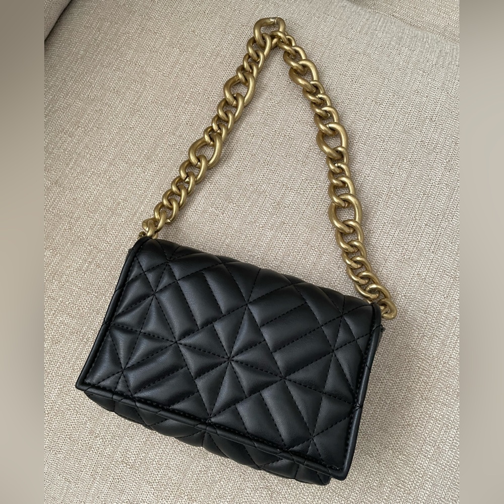 Zara Black Quilted Crossbody Bag with Gold Chain